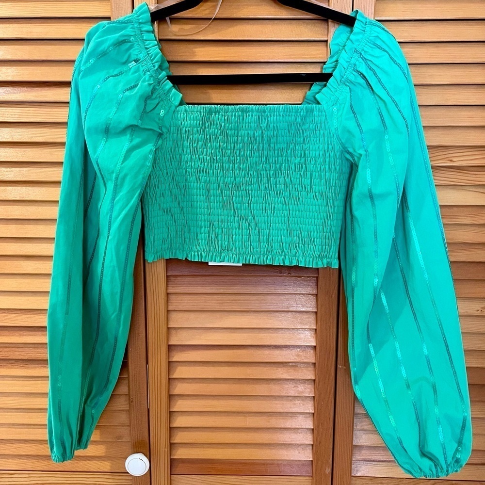 Mainstrip Sequin Smoking Crop Top, Size M, Green, Shirred Top, Long Slee… - Picture 5 of 10